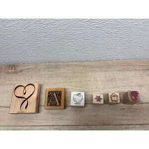 Set Of 6 Mixed Brands Wood Mounted Rubber Stamps